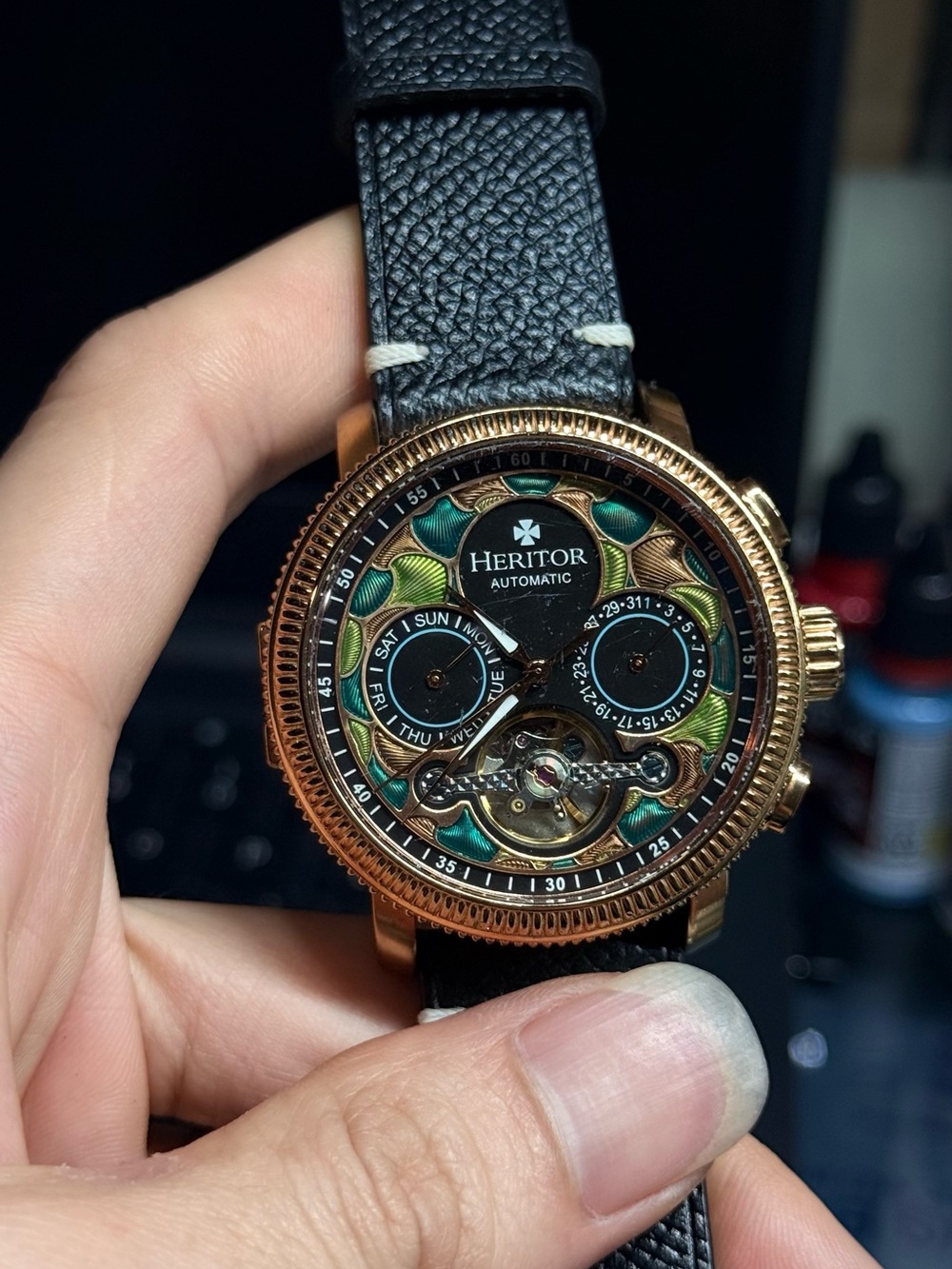 Heritor Automatic Rose Gold Skeleton Dial Watch - Green & Black Accents